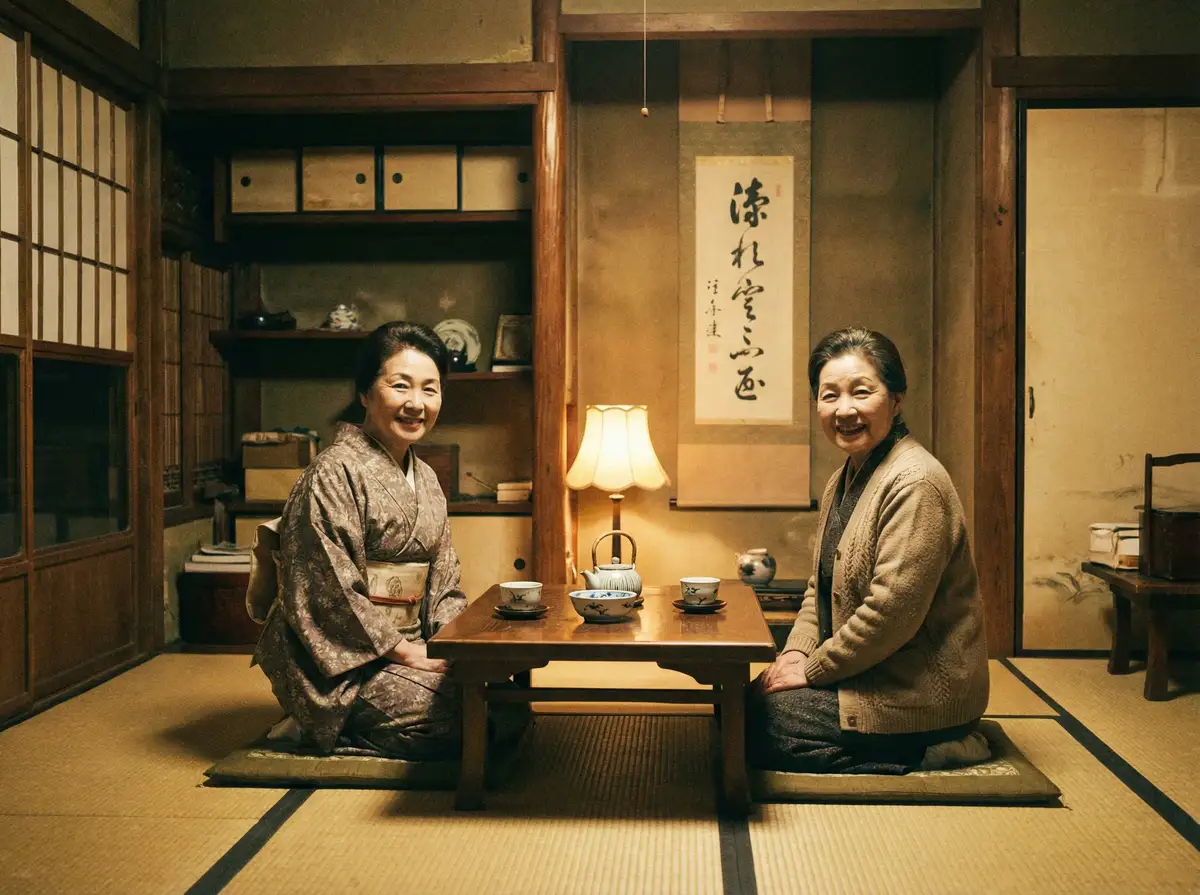 两位优雅的 每日大赛+mrds 在日式茶室中品茶交谈